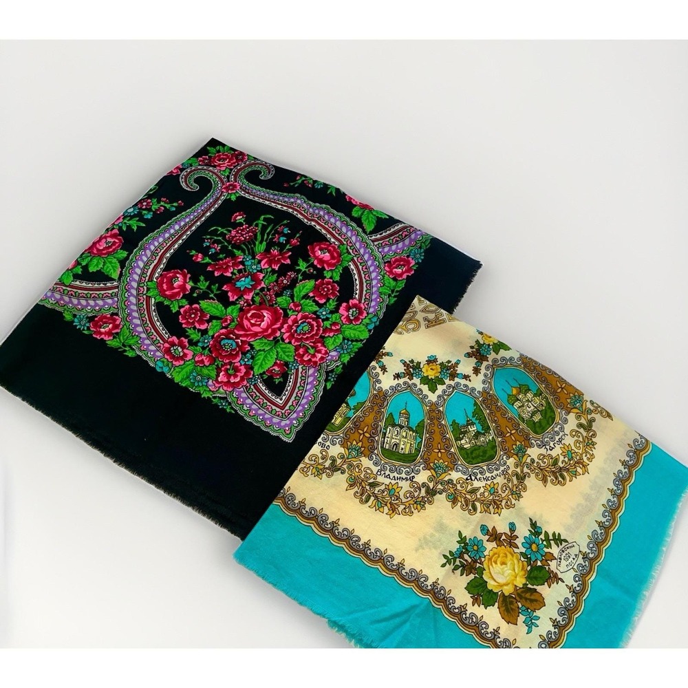 Russian Pavlov Floral Print Scarf & Golden Ring Souvenir Square Scarf Vintage
